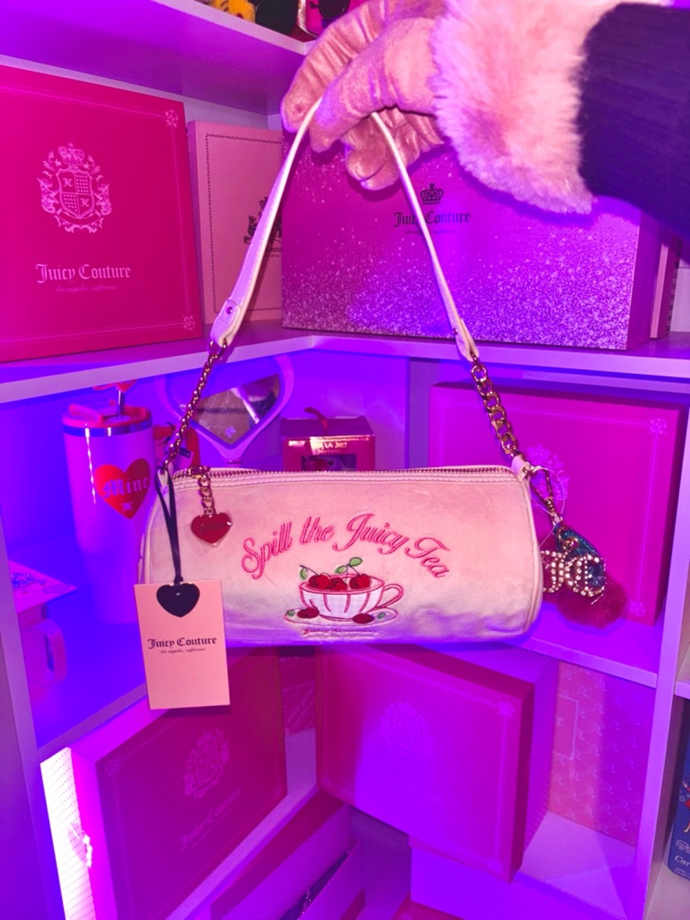 Juicy Couture Pink Embroidered "Spill the Juicy Tea" Shoulder Bag🎀🍒✨ VIRAL